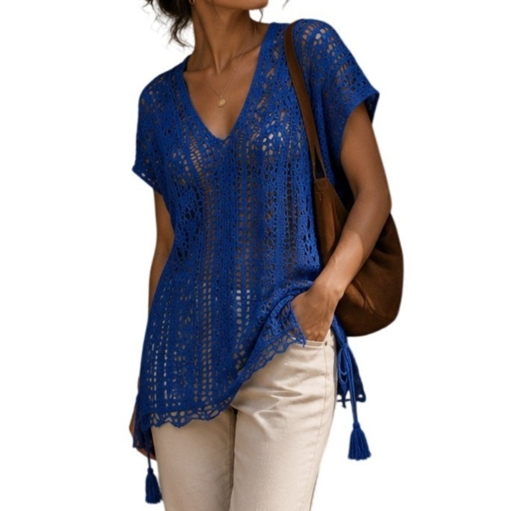 Royal Blue Crochet Knit Poncho V-Neck Tassel  Tie Beach Coverup‎ OS Best Fit M/L